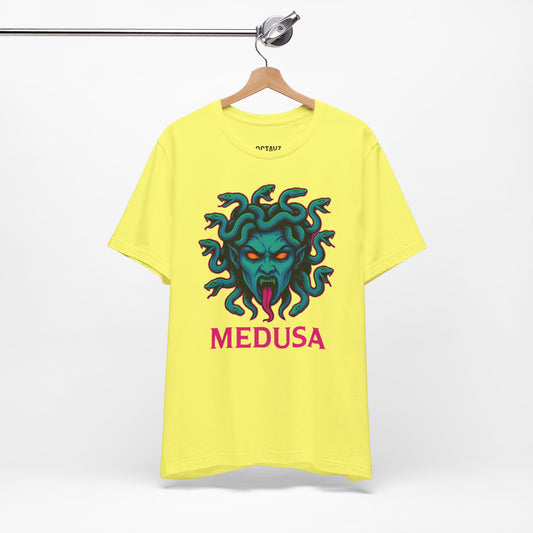 Medusa Neon Gaze Graphic Tee – Mythic Streetwear by OCTAV3 | Unique Gift for Halloween, Birthdays, Cosplay and More