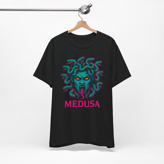 Medusa Neon Gaze Graphic Tee – Mythic Streetwear by OCTAV3 | Unique Gift for Halloween, Birthdays, Cosplay and More