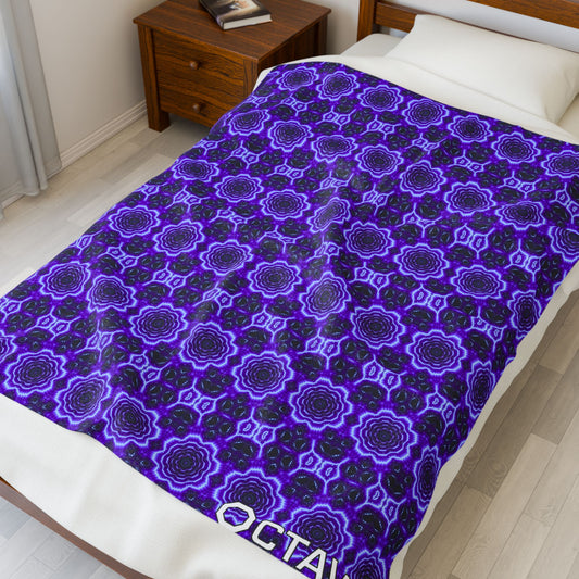 Cozy Octav3 Electric Purple Velveteen Plush Blanket with Blue Floral Frequiency Pattern
