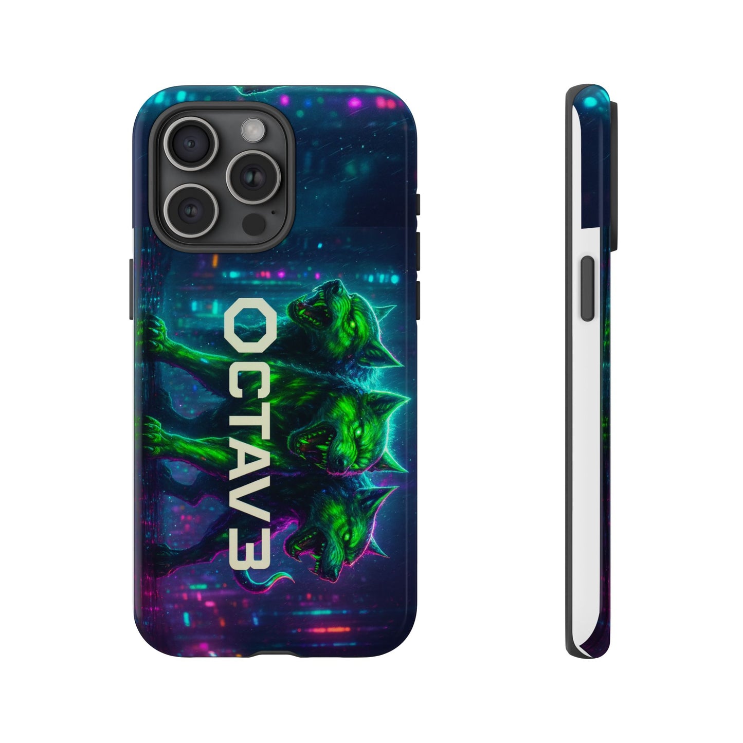 OCTAV3 Cyberpunk Wolf iPhone Case – Neon Tech Design, Futuristic Tough Cover for Music & Streetwear Fans