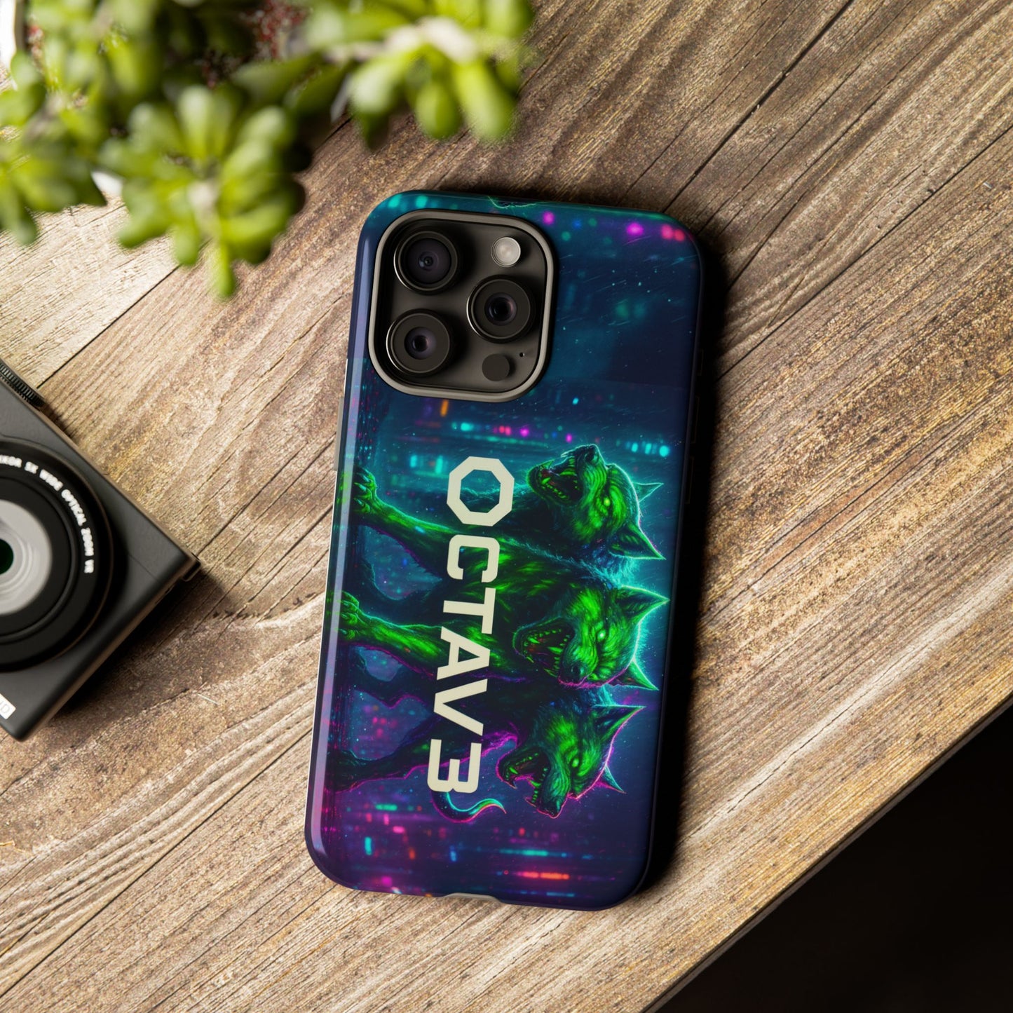 OCTAV3 Cyberpunk Wolf iPhone Case – Neon Tech Design, Futuristic Tough Cover for Music & Streetwear Fans