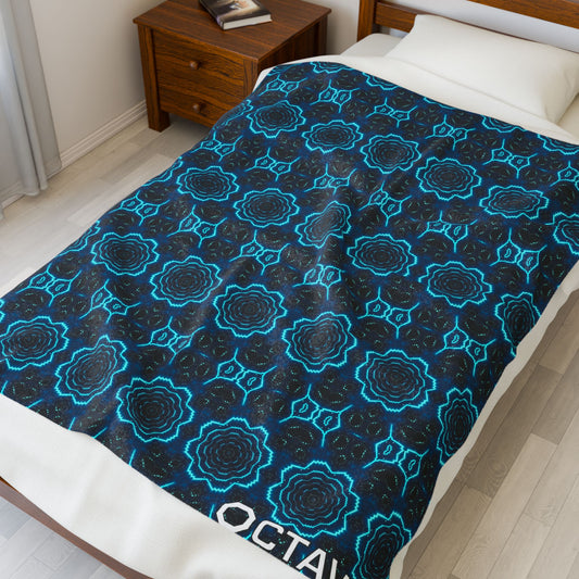 Cozy Octav3 Velveteen Plush Blanket with Blue Floral Frequiency Pattern