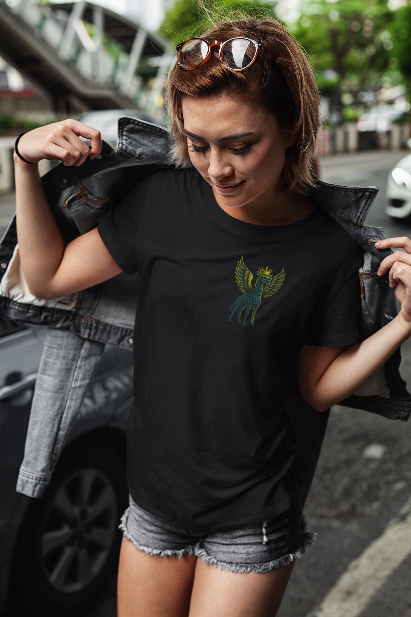 GFLY Royal T – Black Tee with Neon Flying Giraffe Crown Design